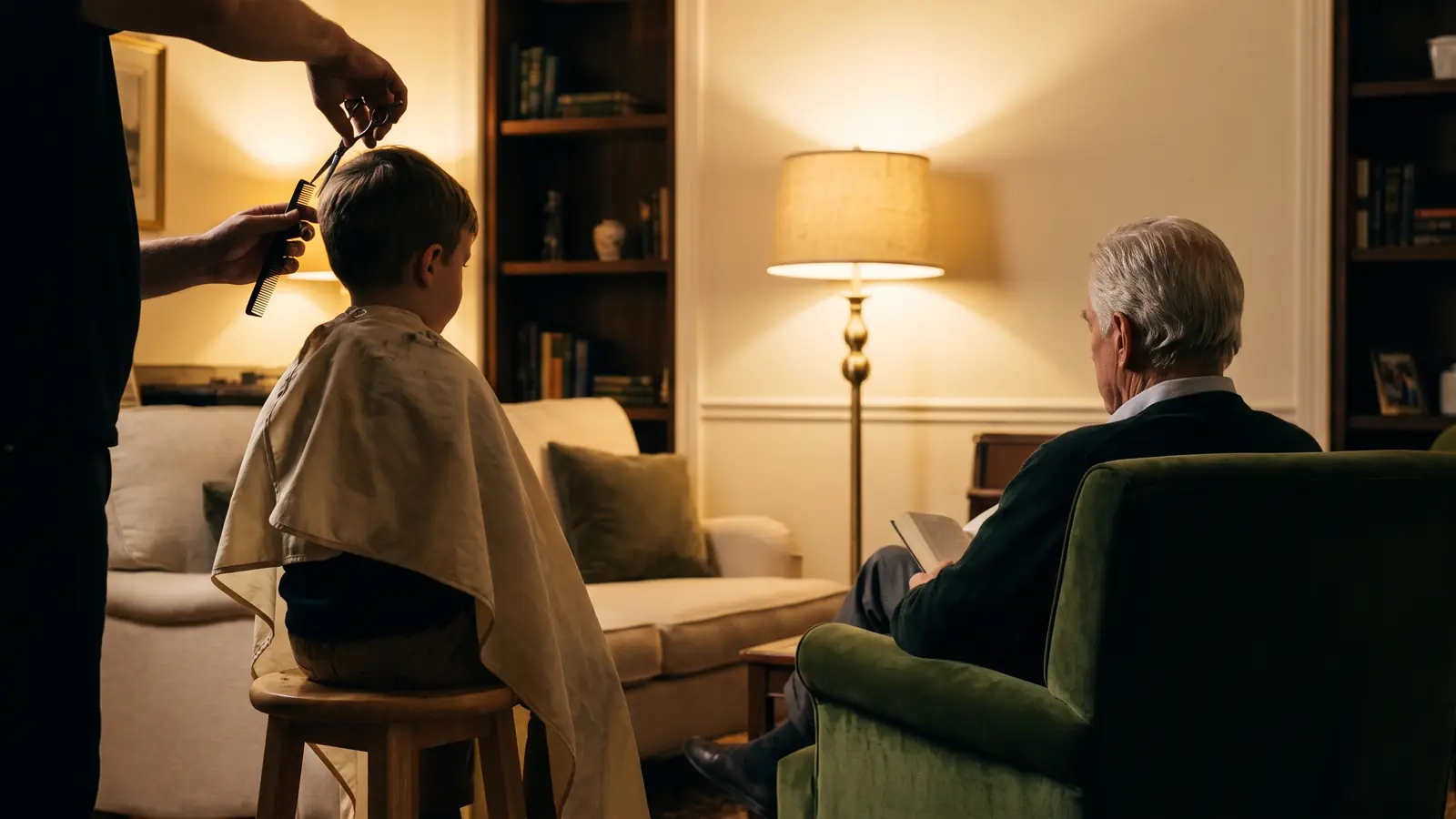 Niño recibiendo un corte de pelo en casa mientras su abuelo espera en un sillón