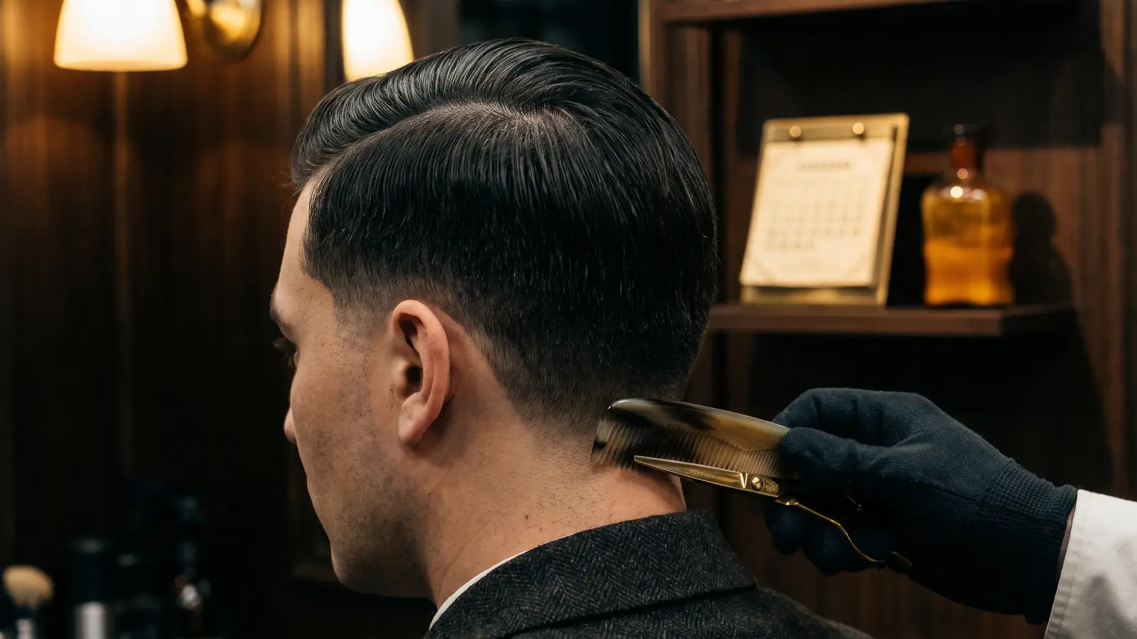 Barbero terminando un corte clásico con raya al lado