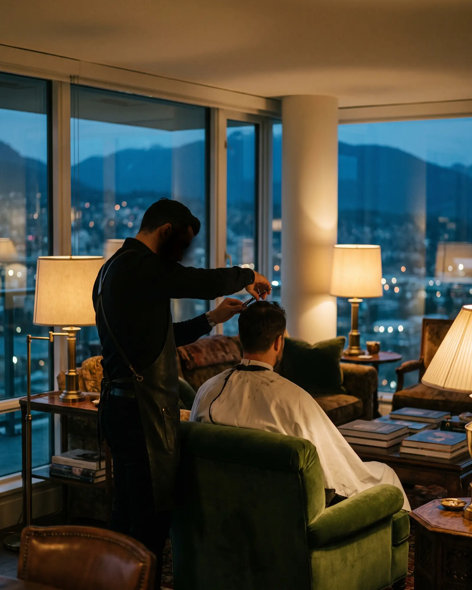 Barbero haciendo un corte a domicilio en un apartamento de lujo con vista nocturna de Bucaramanga