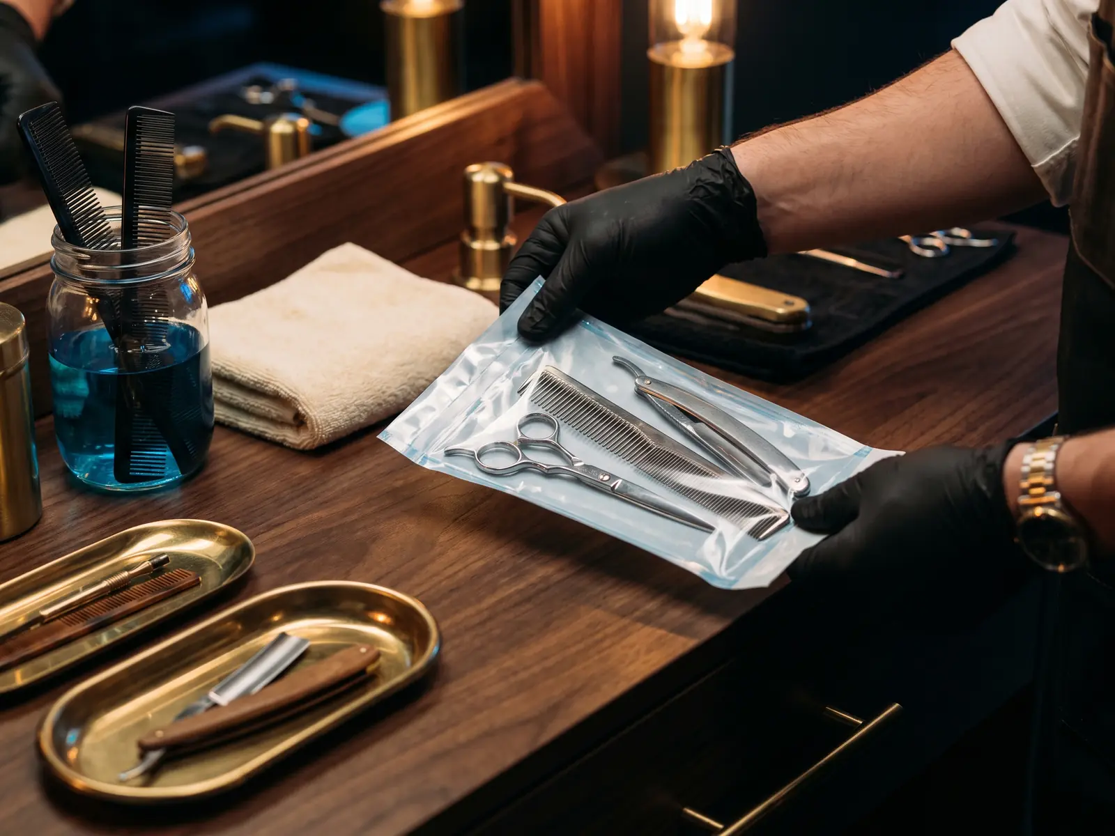 Herramientas de barbería esterilizadas y selladas antes del servicio