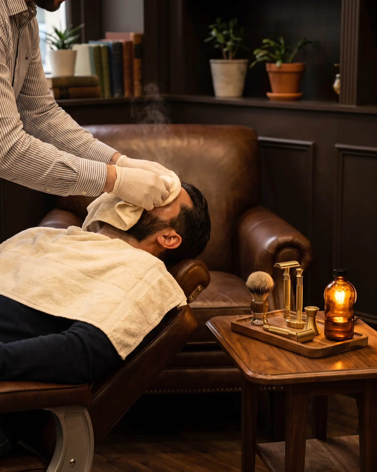 Ritual de toalla caliente en un servicio de corte y barba a domicilio
